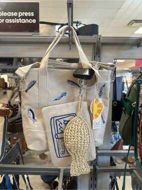 T.J.Maxx Cream Canvas Tote with Blue Fish Embroidery and Woven Fish Charm